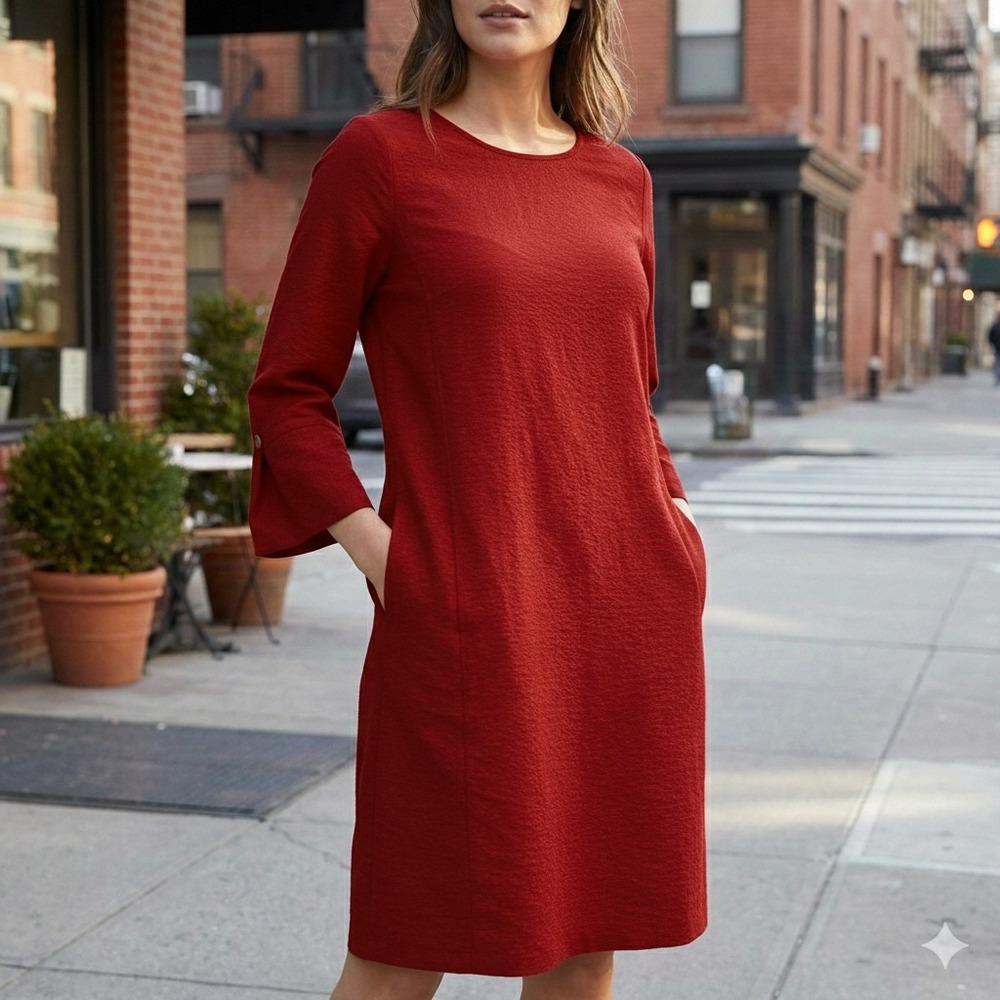 HABITAT XS Core Travel City Dress Red Midi Pockets 3/4 Bell Sleeveโ Scandigirl